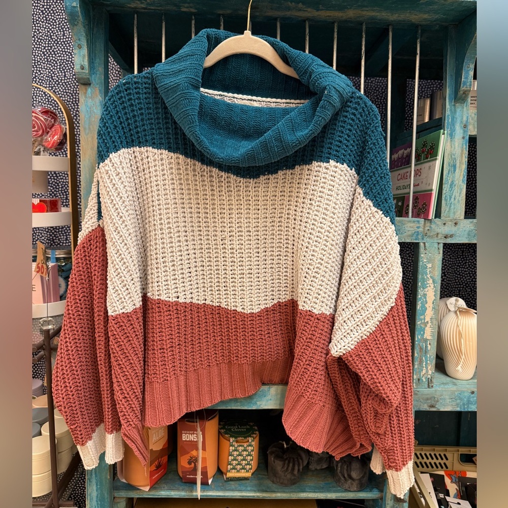 POL Teal, White, and Mauve Cowl Neck Sweater